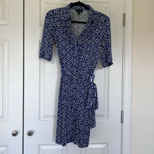 LAUNDRY by Shelli Segal Dress Blue Geometric Print Preppy Belted Shirt Size 4